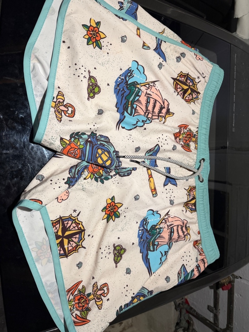 Men's Nautical Print Swim Trunks - Cream with Aqua Trim